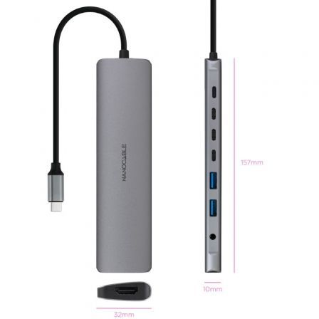 Nano Cable Concentrador USB-C 8 en 1 (Ref: 10.16.4608) con 2x USB-A 3.0, 3x USB-C, HDMI 4K 60Hz, Jack 3.5mm y USB-C PD 100W - Gris